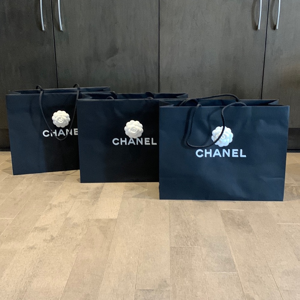 Set of 3 Chanel Shopping Bags Black with camellia authentic